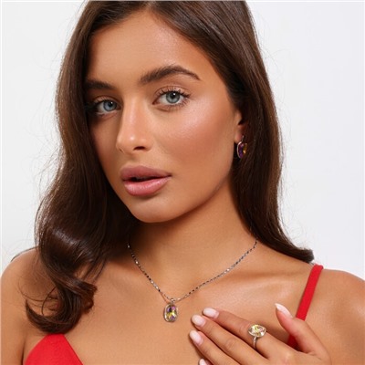 Комплект ювелирной бижутерии серьги, кулон и кольцо 18 р, покрытие посеребрение, вставка: искусственный кристалл, цвет: хамелеон, арт.314.868-18