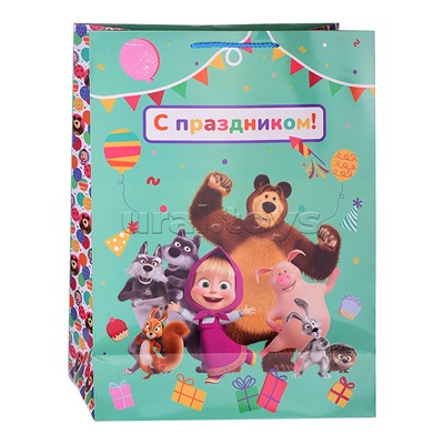 Пакет подарочный глянцевый Маша и Медведь xl, 33,5*45*15 см.