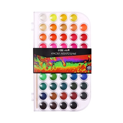 Краски акварельные 48 цветов, круглые, диаметр кюветы 23 мм, с кистью, пластиковый пенал, CALLIGRATA TOP
