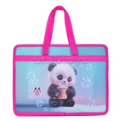 Папка для тетрадей, ИЗО и технологии "Yummy Panda" A4 (340x250x100 мм) с текстильным расширением, на молнии сверху, матовая полупрозрачная с рисунком, с искрящейся фактурой, текстильные ручки, индивидуальная упаковка