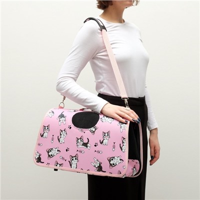 Сумка - переноска каркасная «Играющие котики», размер М, 40×21×27 см, розовая