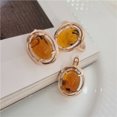 Комплект ювелирной бижутерии коллекция "Дубай",серьги и кольцо покрытие позолота, камень янтарь, р-р 20, 7602,  арт.216.357-20