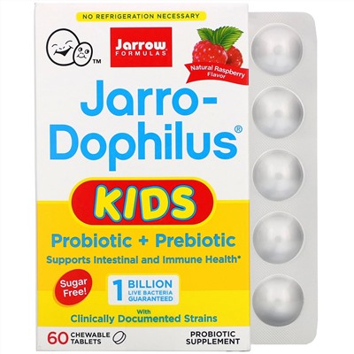 Jarrow Formulas, Jarro-Dophilus Kids, пробиотик + пребиотик, без сахара, натуральный малиновый вкус, 1 миллиард живых бактерий, 60 жевательных таблеток