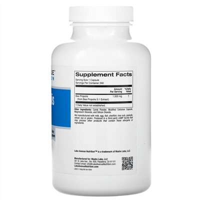 Lake Avenue Nutrition, Прополис, экстракт 5:1, эквивалент 1000 мг, 240 растительных капсул
