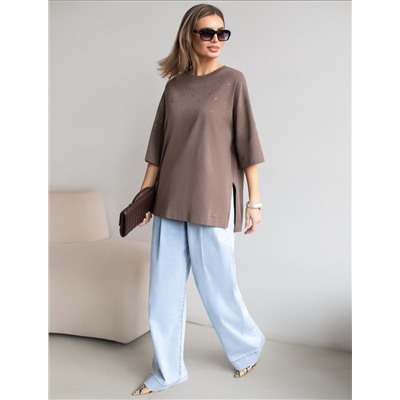 Футболка оверсайз с принтом стразами из премиального хлопка