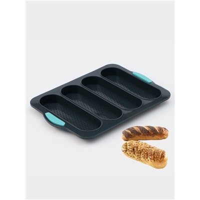 Форма для выпечки с перфорацией «Хлеб», силикон, 35.5×23.5×2.5 см, 4 ячейки (20×6.2×2.4 см), тёмно-серый