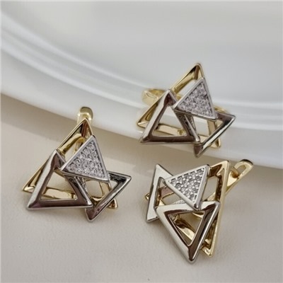 Комплект ювелирной бижутерии Итальянское золото (покрытие желтое 14к), серьги и кольцо 19 р, вставка: фианиты, цвет: прозрачный, арт.313.217-19