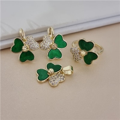 Комплект ювелирной бижутерии Итальянское золото (покрытие желтое 14к), серьги, кулон и кольцо 18 р, вставка: искусственный перламутр и цирконы, цвет: зеленый и прозрачный, арт.217.523-18