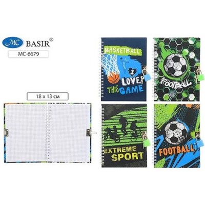 Блокнот на спирали с замочком 180х130 мм 48л клетка "СПОРТ" МС-6679 Basir