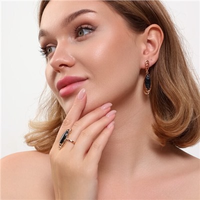 Комплект ювелирной бижутерии коллекция "Дубай" серьги и кольцо 17 р, покрытие позолота, вставка: искусственный камень черного цвета, арт.314.796-17