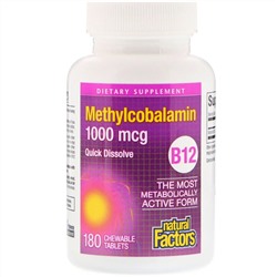 Natural Factors, B12, метилкобаламин, 1000 мкг, 180 жевательных таблеток
