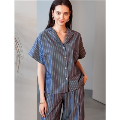 Блузка в полоску с цельнокроеным коротким рукавом из легкого хлопкового поплина