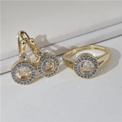 Комплект ювелирной бижутерии Итальянское золото (покрытие желтое 14к) серьги и кольцо 17 р, вставка: фианиты, цвет: прозрачный, арт.217.409-17