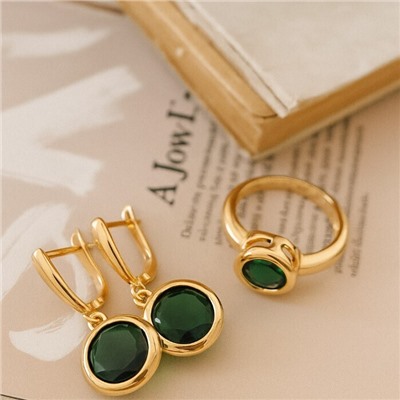 Комплект ювелирной бижутерии коллекция "Дубай" серьги и кольцо 19 р, покрытие позолота, вставка: фианит, цвет: зеленый, арт.313.332-19