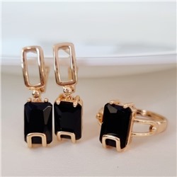 Комплект ювелирная бижутерия коллекция  "Дубай" серьги и кольцо 19 р, покрытие: позолота, вставка: фианиты, цвет: черный, Уценка, арт. 08.3392 (217.311-19 )