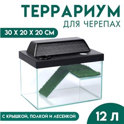 Террариум для черепах 12 л, с крышкой, полкой и лесенкой, 30×20×20 см