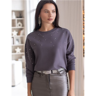 Свитшот из эластичного футера с принтом стразами