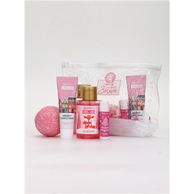 Новогодний подарочный набор косметики «Снежной зимы»: гель для душа, крем, бомбочка, бальзам, косметичка, URAL LAB