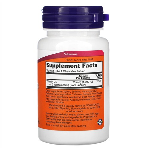 Now Foods, жевательный витамин D3, натуральный фруктовый вкус, 1000 МЕ, 180 жевательных таблеток