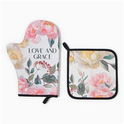 Набор кухонный «Этель» Love and Grace: варежка-прихватка 20×28 см, прихватка 19×19 см,100% хлопок