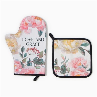 Набор кухонный «Этель» Love and Grace: варежка-прихватка 20×28 см, прихватка 19×19 см,100% хлопок
