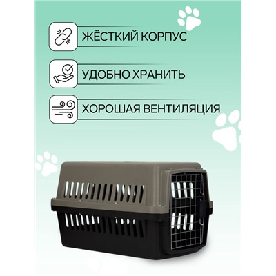 Переноска для животных, 59×36×35 см, с поддоном, с металлической дверью, тёмно-серая, чёрная