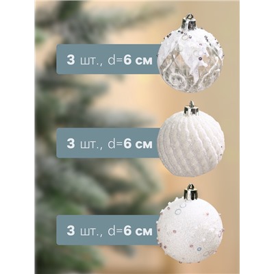 Ёлочные игрушки «Снежная изморозь», шары пластиковые, d=6 см, набор 9 шт., белый