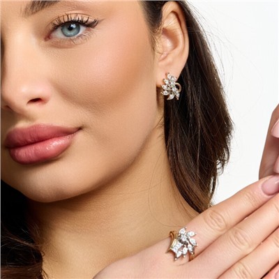 Комплект ювелирной бижутерии коллекция "Дубай" серьги и кольцо 20 р, покрытие позолота, вставка: фианиты, цвет: прозрачный, арт.217.528-20