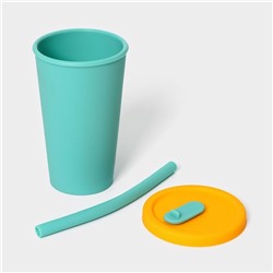 Стакан с крышкой и трубочкой, 350 мл, 9×9×13.5 см, бирюзовый
