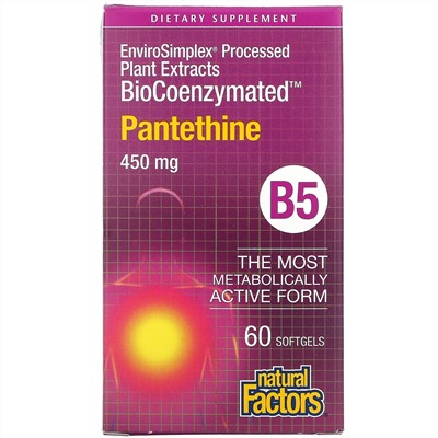 Natural Factors, BioCoenzymated, B5, пантетин, 450 мг, 60 капсул