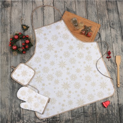 Кухонный набор «Доляна. Снежинки»: прихватка 17×17 см, варежка 26×16 см, фартук 70×80 см, золотой, 100% п/э
