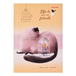 Записная книжка А6 64л. "Кошка и канарейка" 7БЦ,глянц.ламинирование, лен + золото