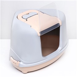 Туалет-домик угловой для кошек закрытый с дверцей 57×46×37 см, бежево-серый