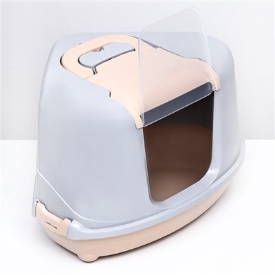 Туалет-домик угловой для кошек закрытый с дверцей 57×46×37 см, бежево-серый