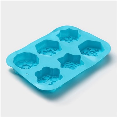 Форма для выпечки Доляна «Новый год. Снежинка», силикон, 26.5×18.5 см, 6 ячеек, голубая
