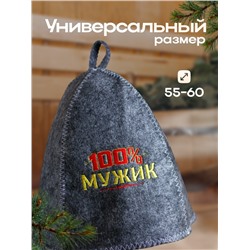 Шапка для бани с вышивкой из серого войлока " 100% мужик "