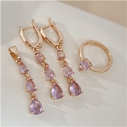 Комплект ювелирной бижутерии коллекция "Дубай" серьги, кулон и кольцо 20 р, покрытие позолота, вставка: фианиты, цвет: розовый, арт.414.301-20