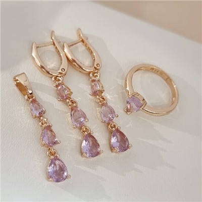 Комплект ювелирной бижутерии коллекция "Дубай" серьги, кулон и кольцо 19 р, покрытие позолота, вставка: фианиты, цвет: розовый, арт.414.301-19