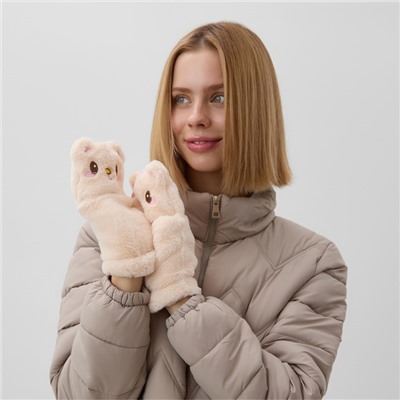 Варежки - митенки женские MINAKU «Мишка», размер 24 см, бежевые