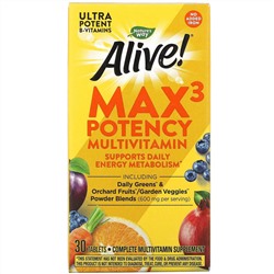 Nature's Way, Alive! Max3 Potency, мультивитамины повышенной эффективности, без добавления железа, 30 таблеток