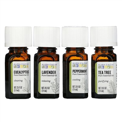 Aura Cacia, Откройте для себя комплект эфирных масел, 4 флакона, 0,25 унций (7,4 мл) каждый.
