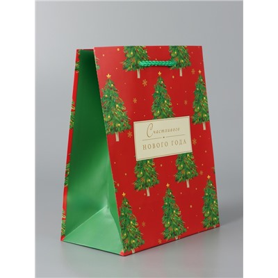 Пакет подарочный новогодний ламинированный «Счастливого Нового года», на бежевом, 18×22.3×10 см