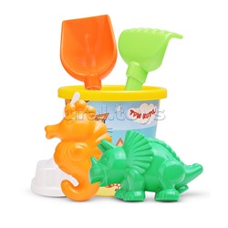 Песочный набор "Три кота" №16: Ведро с наклейкой, лопатка №5, грабельки №5, формочки (цветок + морской конёк + динозавр №1)
