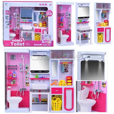 Набор мебели для кукол "Туалетная комната" (душ, унитаз, раковина, зеркало, гладильные принадл.) с аксессуарами, на батарейках, в коробке