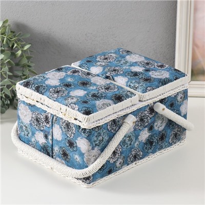 Шкатулка для рукоделия и шитья «Чёрно-белые цветы на голубом», хранение ниток, иголок, мелочи, 19×26×14.5 см