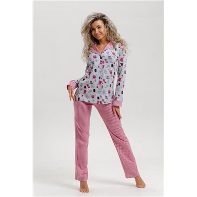 Пижама женская с брюками арт. ПД-006В (Клетка розовый/серый)