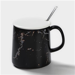 Кружка с ложкой «Чёрный мрамор», 350 мл, керамика, чёрная