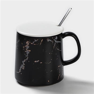 Кружка с ложкой «Чёрный мрамор», 350 мл, керамика, чёрная