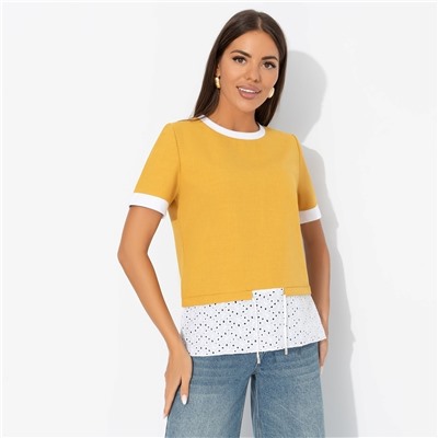 Футболка комбинированная с шитьём, Романтика с перчинкой (горчичная)