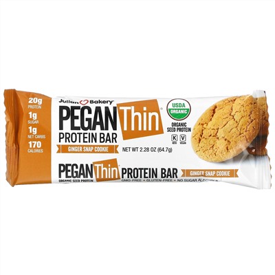 Julian Bakery, Pegan Thin, протеиновые батончики, имбирное печенье, 12 батончиков, по 64,7 г (2,28 унции) каждый
